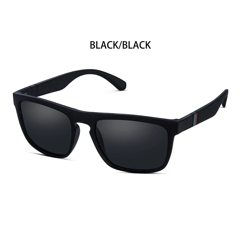 Gafas de sol cuadradas vintage negras con marco negro y detalle de acento rojo.