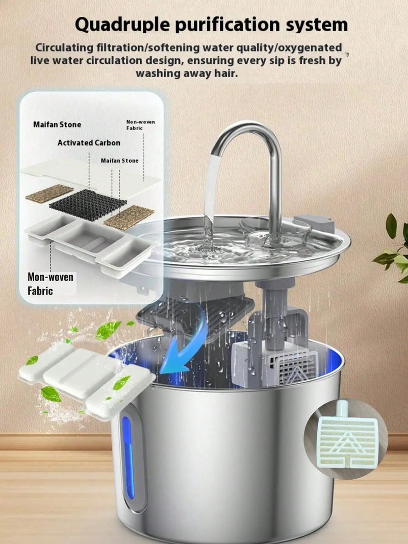 Stainless Steel Cat Water Fountain with LED Light