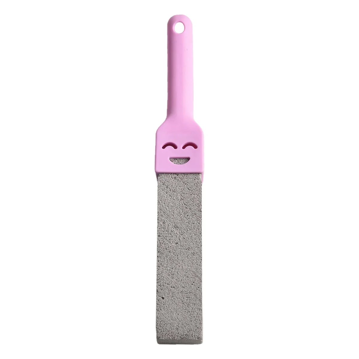 A pink pumice cleaning stone with a handle and gray abrasive surface.