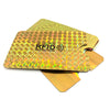 A gold-colored aluminum card holder with an RFID protection logo on the surface.
