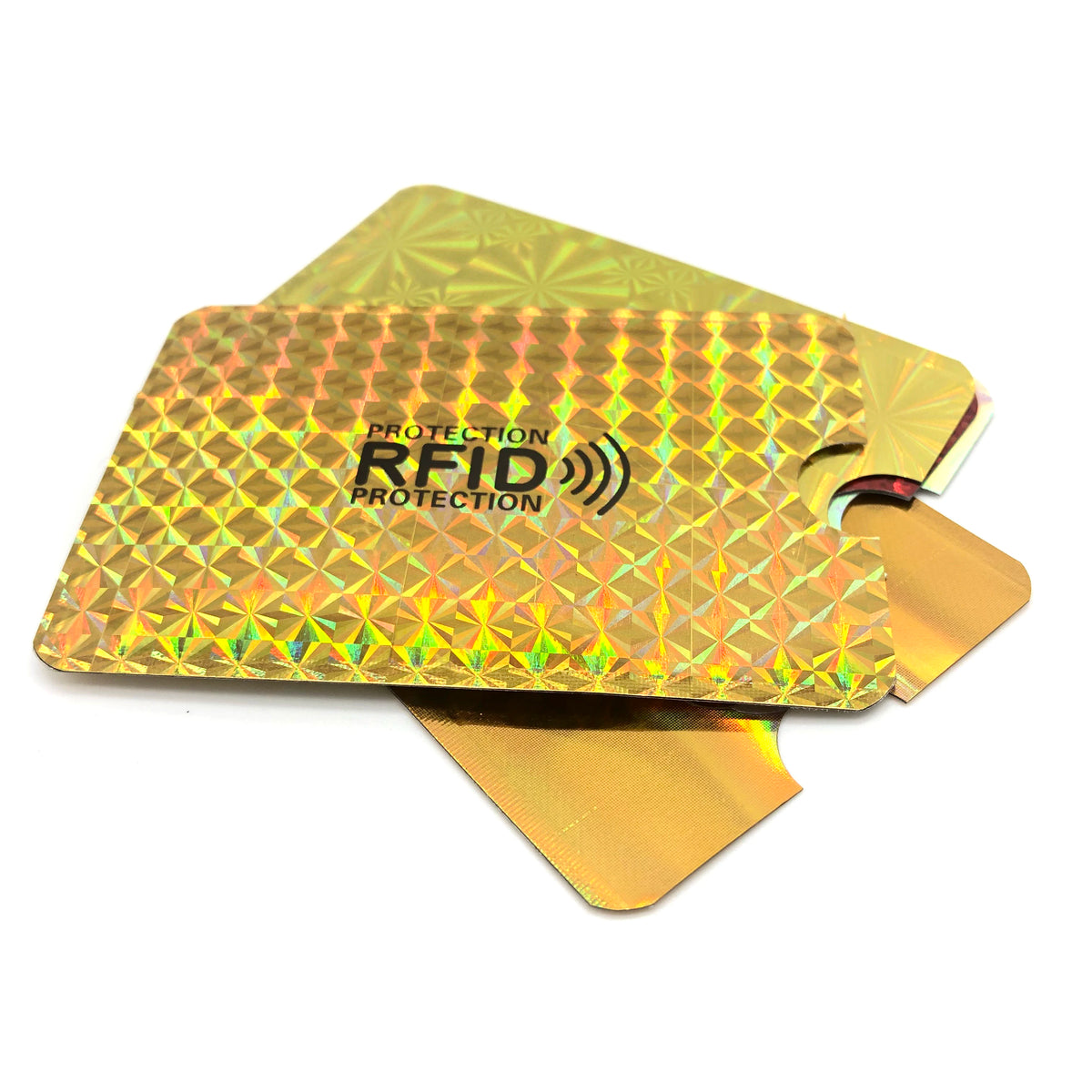 A gold-colored aluminum card holder with an RFID protection logo on the surface.