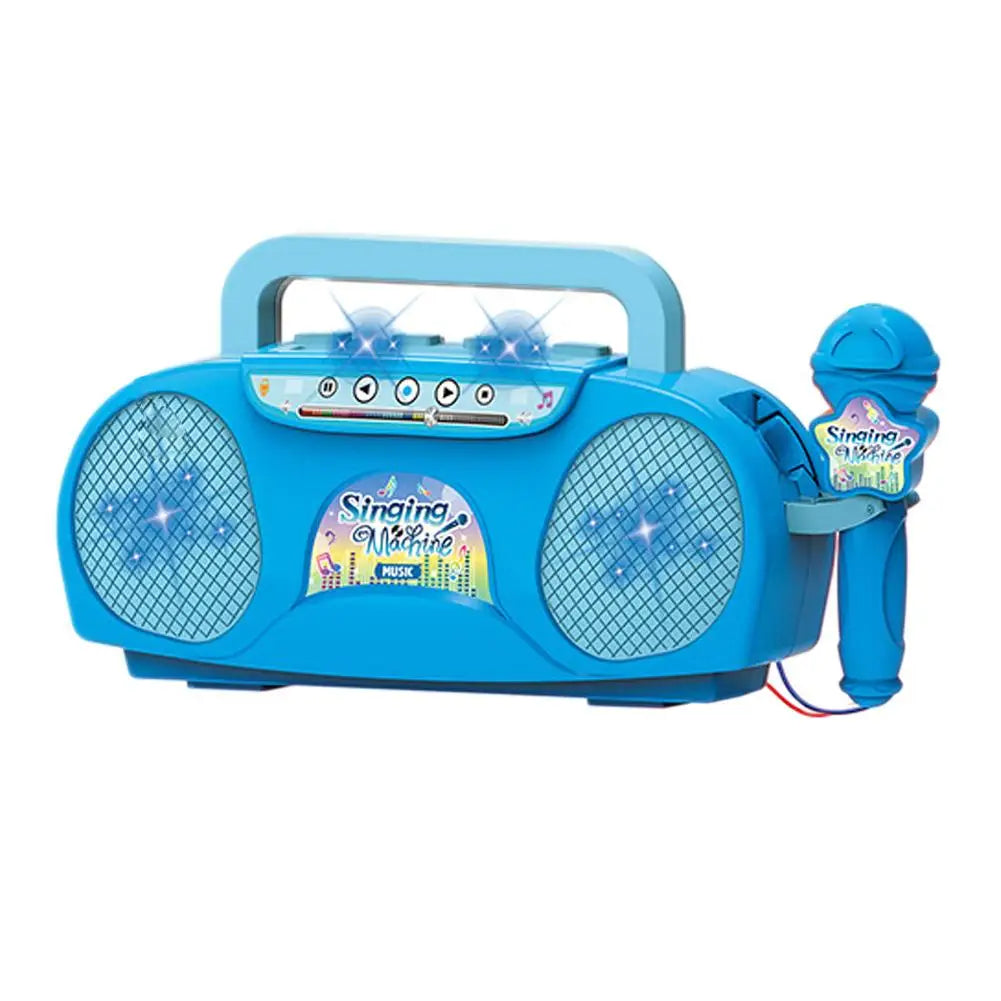 A blue kids karaoke machine with a microphone and light effects.