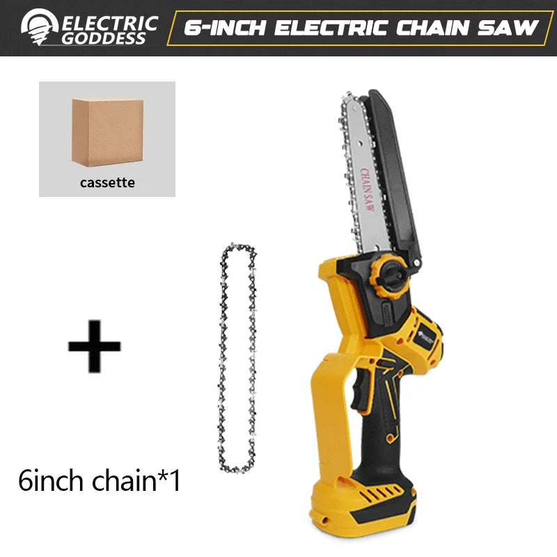 A yellow and black 6-inch electric chain saw with a cassette and a 6-inch chain is shown.
