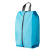 A bright blue foldable nylon shoe storage bag with black zipper and gray carrying handles.