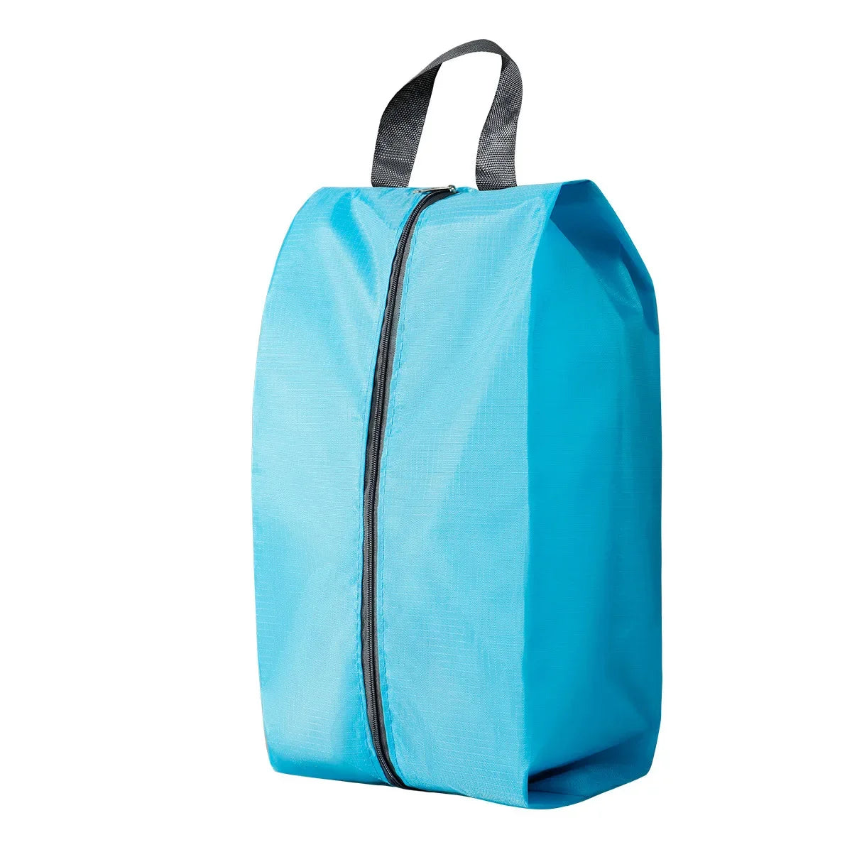A bright blue foldable nylon shoe storage bag with black zipper and gray carrying handles.
