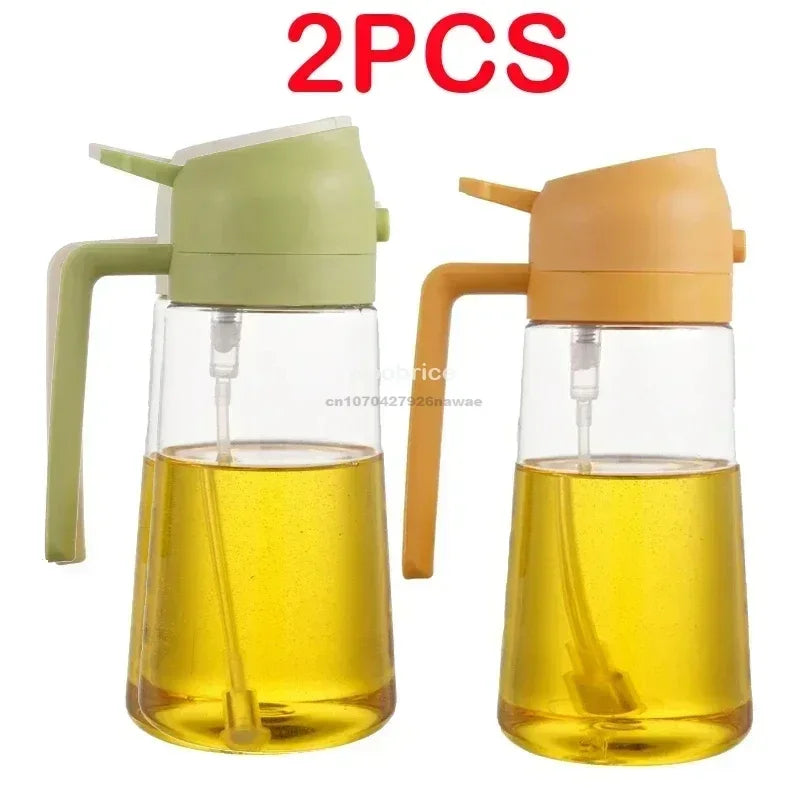 Two light green and orange 2-in-1 oil spray bottles for cooking