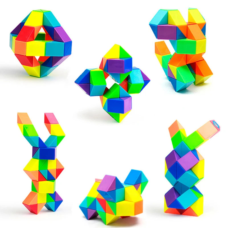 A collection of colorful, geometric puzzle toys and fidget objects in various shapes and arrangements.