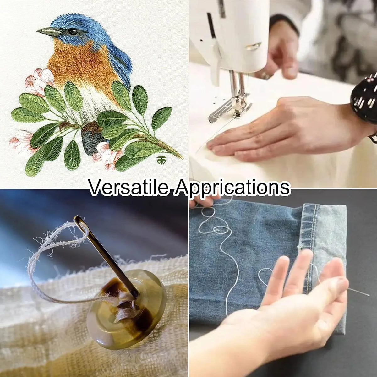 A set of 12-color polyester sewing thread with prewound bobbins shown alongside a bird and fabric applications.