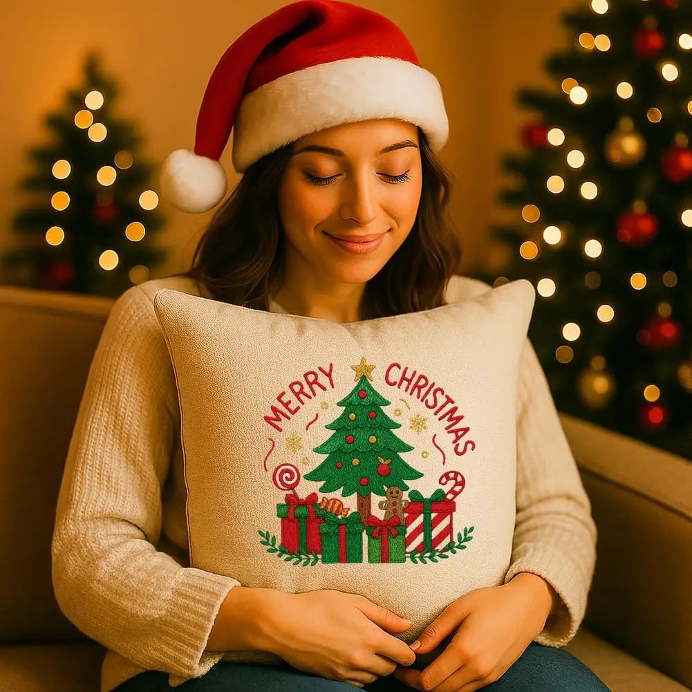 A woman wearing a Santa hat is holding a Christmas-themed embroidery stabilizer sheet product.