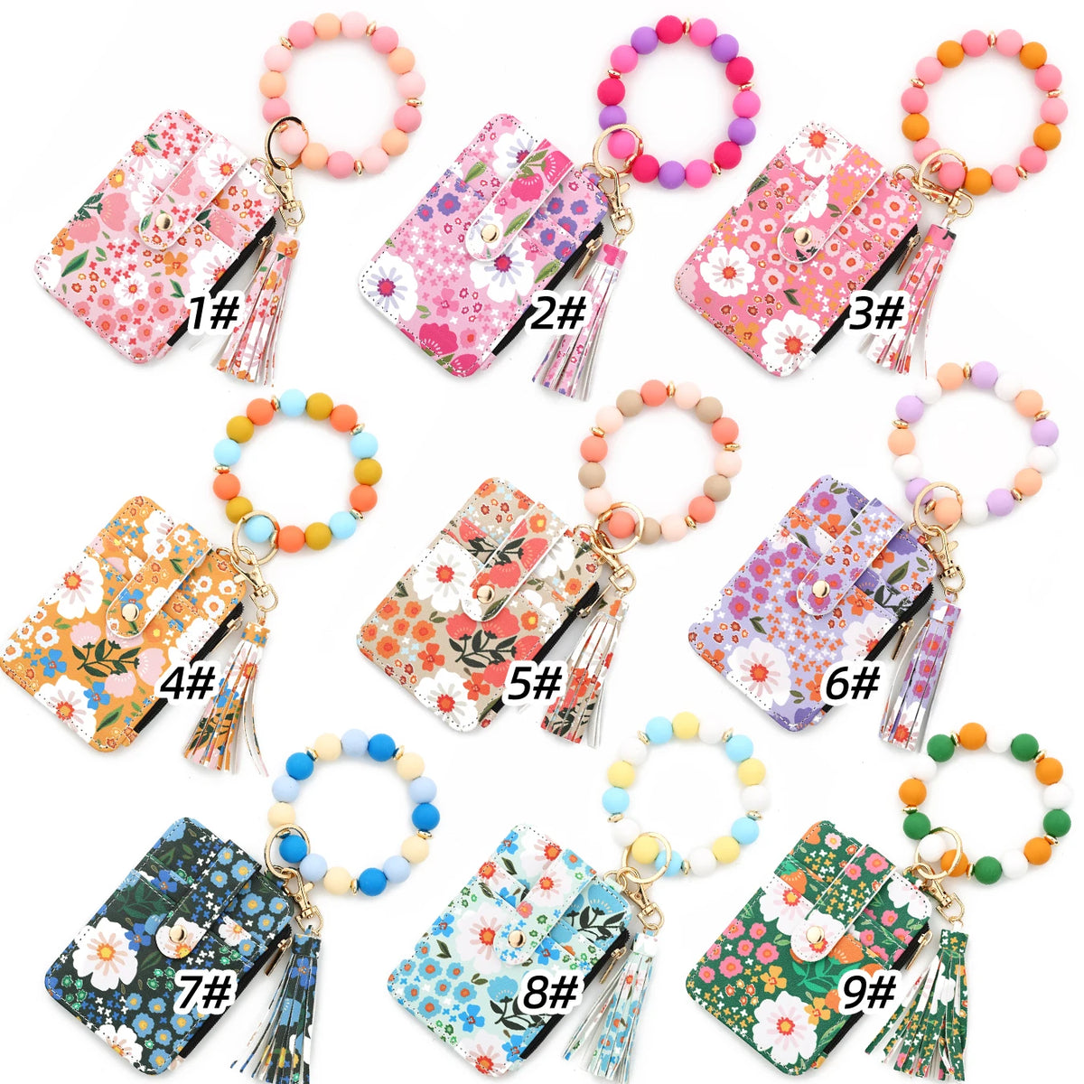 Floral Print PU Leather Wristlet Keychain Wallet with Card Holder