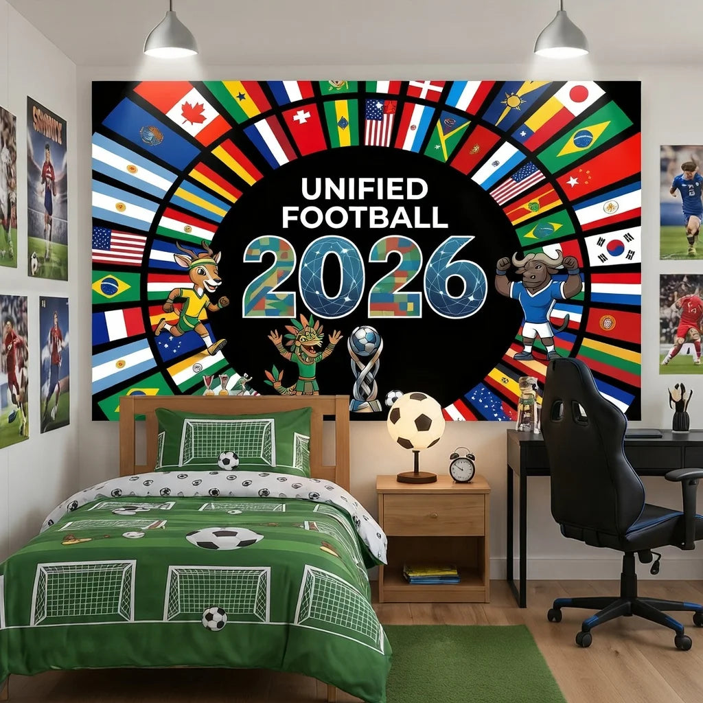 نسيج حائطي كبير بتصميم دائري يضم أعلام دول مختلفة ونص 'Unified Football 2026'.