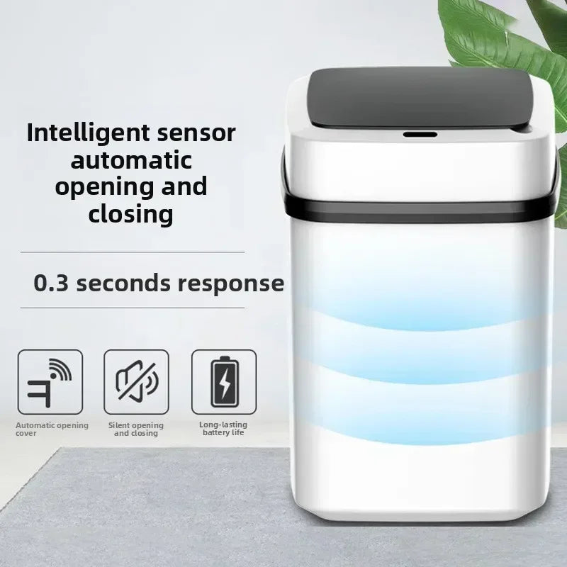 A white smart sensor touchless trash can with a black lid, demonstrating automatic opening and closing features.