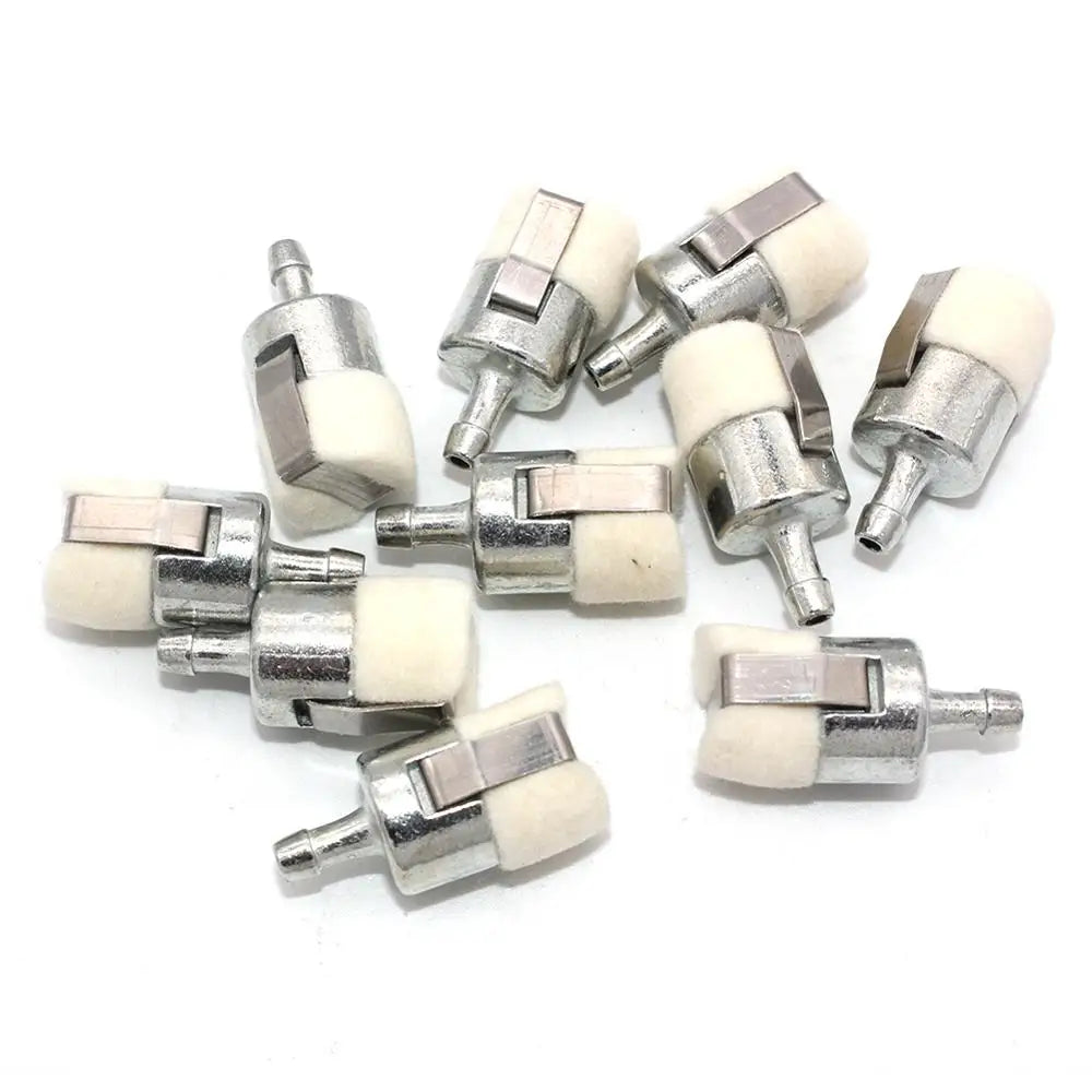 A set of replacement fuel filters for outdoor power equipment, featuring silver and white plastic components.