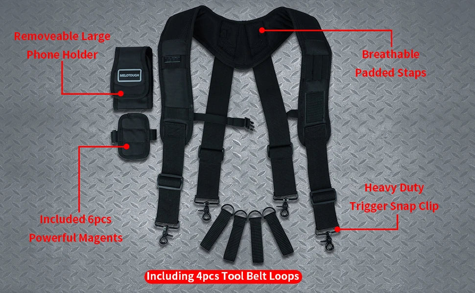 Heavy-Duty Padded Tool Belt Suspenders with Detachable Phone Holder