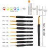 A set of ergonomic crochet hooks with various sizes and soft grip handles displayed in a row.