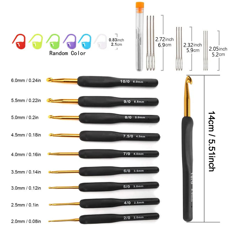 A set of ergonomic crochet hooks with various sizes and soft grip handles displayed in a row.