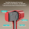 A red rubber mallet with a honeycomb shock-absorbing layer and integrated steel frame for striking workpieces.