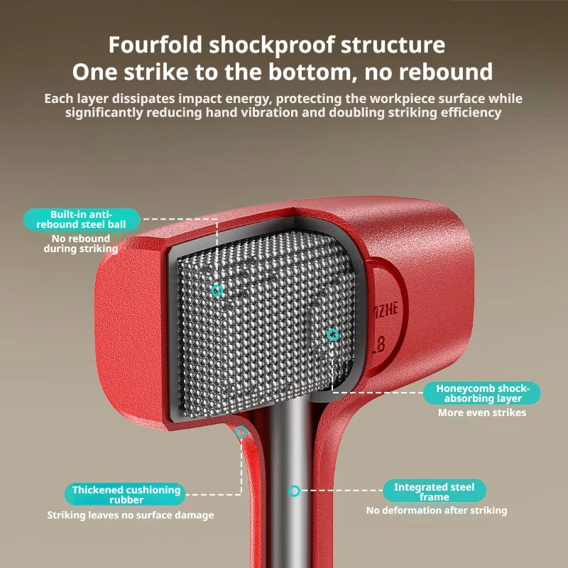 A red rubber mallet with a honeycomb shock-absorbing layer and integrated steel frame for striking workpieces.