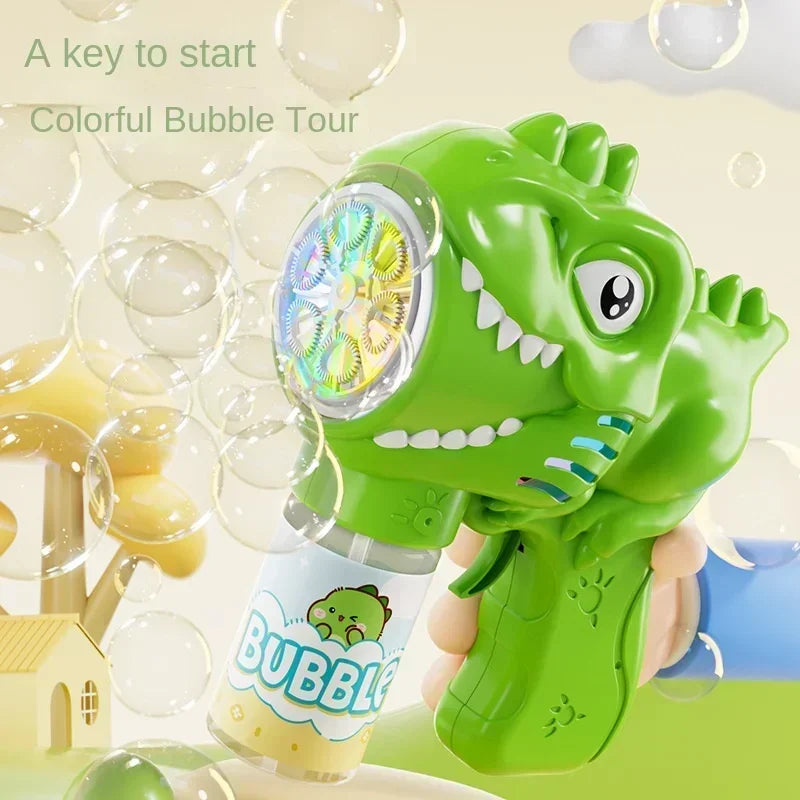 A green dinosaur bubble gun with lights is shown being used to blow bubbles.