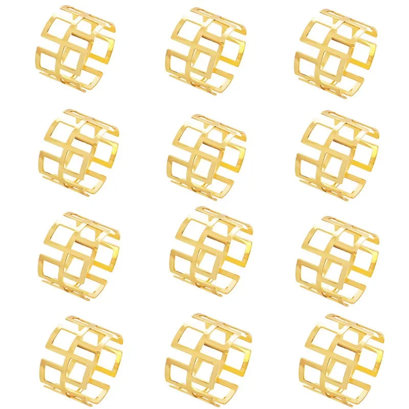 A set of twelve decorative gold metal napkin rings featuring a hollow-out geometric pattern.