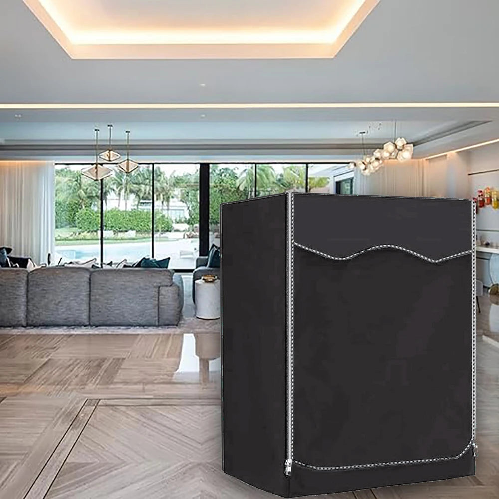 A dark gray waterproof washing machine cover with silver sun protection features is displayed in a modern kitchen setting.