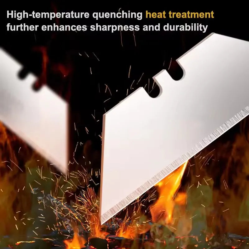 A close-up of a sharp utility knife blade being quenched in intense heat, showing sparks and glowing metal.