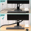 Before and after comparison showing an expandable braided cable sleeve for desk organization with a computer monitor, keyboar