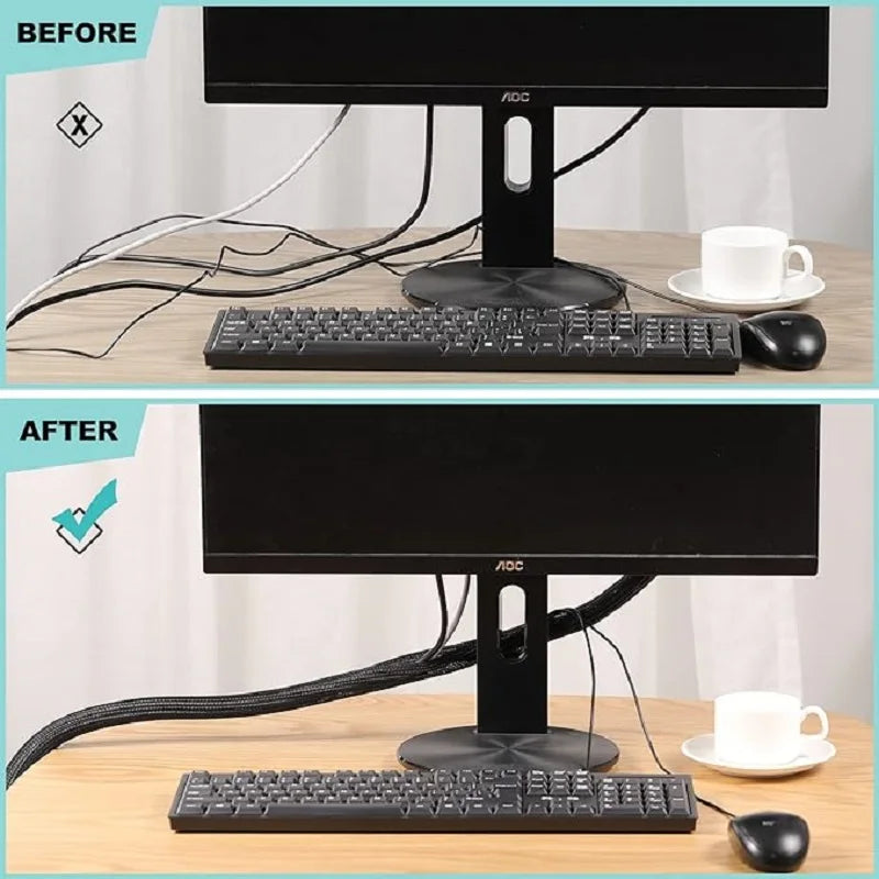 Before and after comparison showing an expandable braided cable sleeve for desk organization with a computer monitor, keyboar