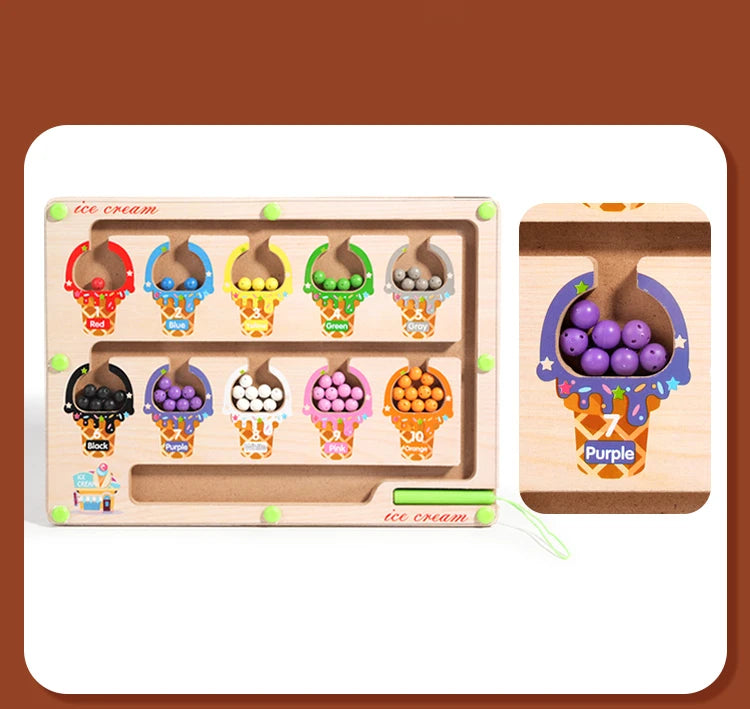 Wooden magnetic color sorting maze board with ice cream shaped compartments for kids