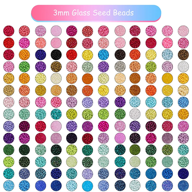 A large assortment of 3mm glass seed beads in various colors and shades for jewelry making