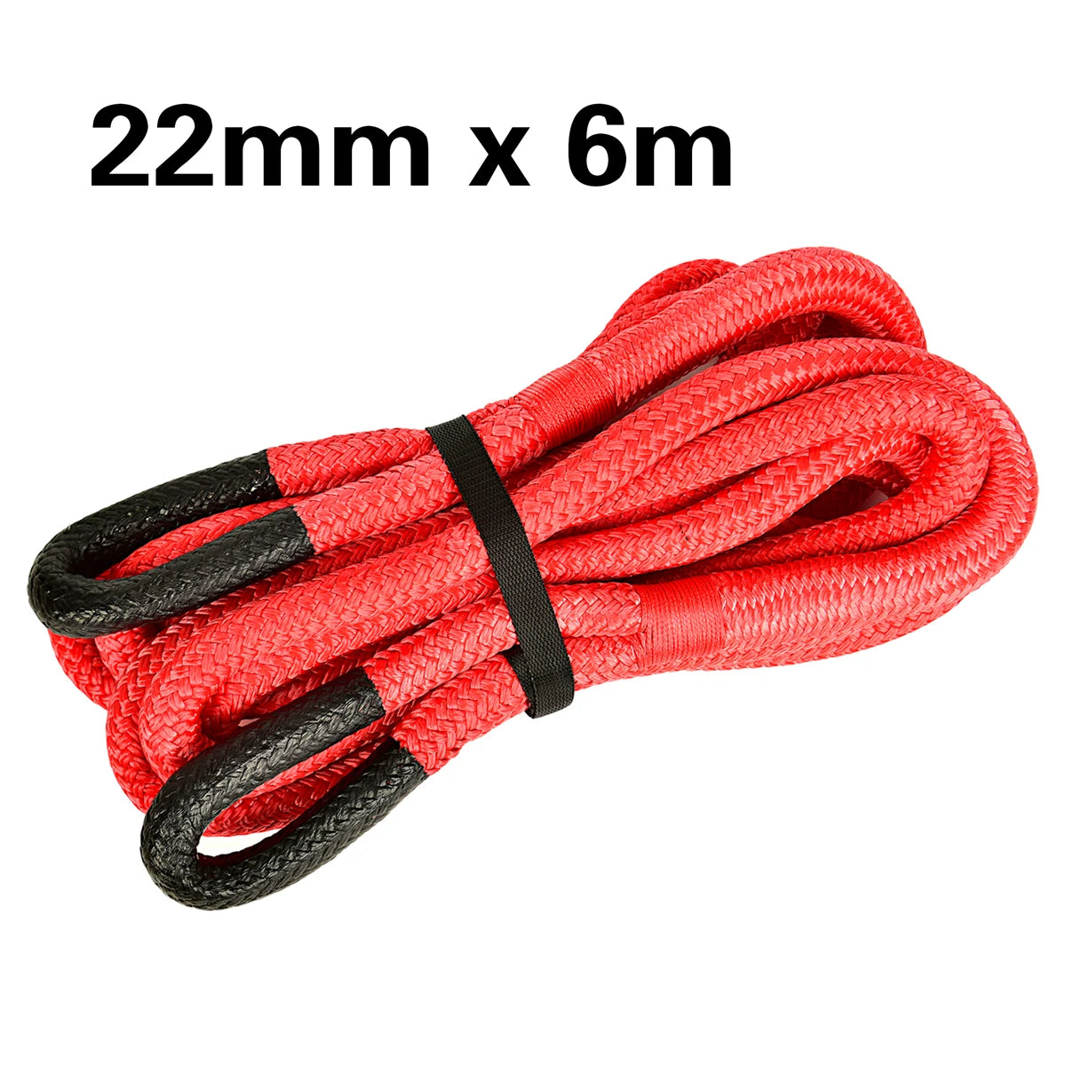 A coiled red heavy-duty nylon recovery tow rope measuring 22mm x 6m.