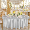 Elegant satin white round tablecloth set for weddings and events with floral decor