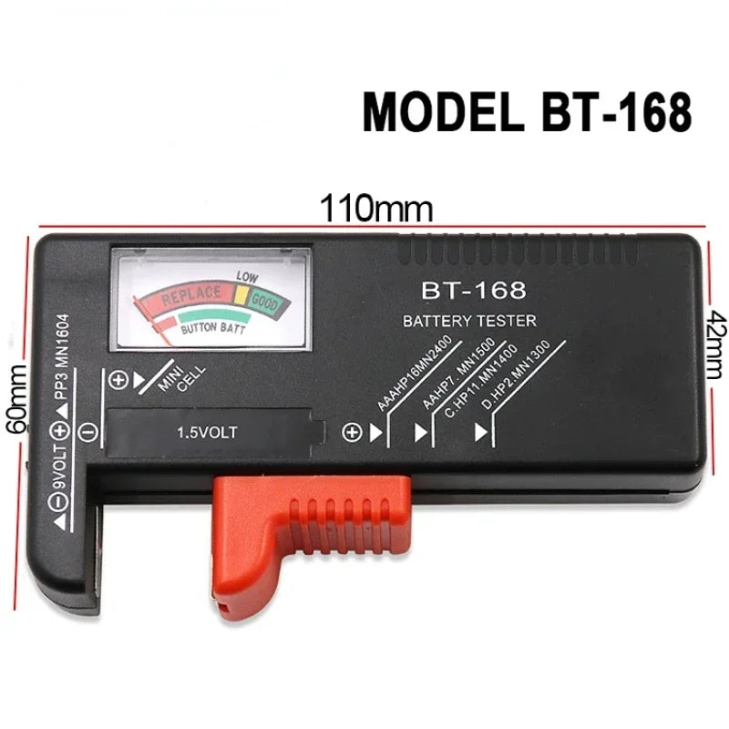 Black battery tester model BT-168 showing a voltage reading and battery cells.