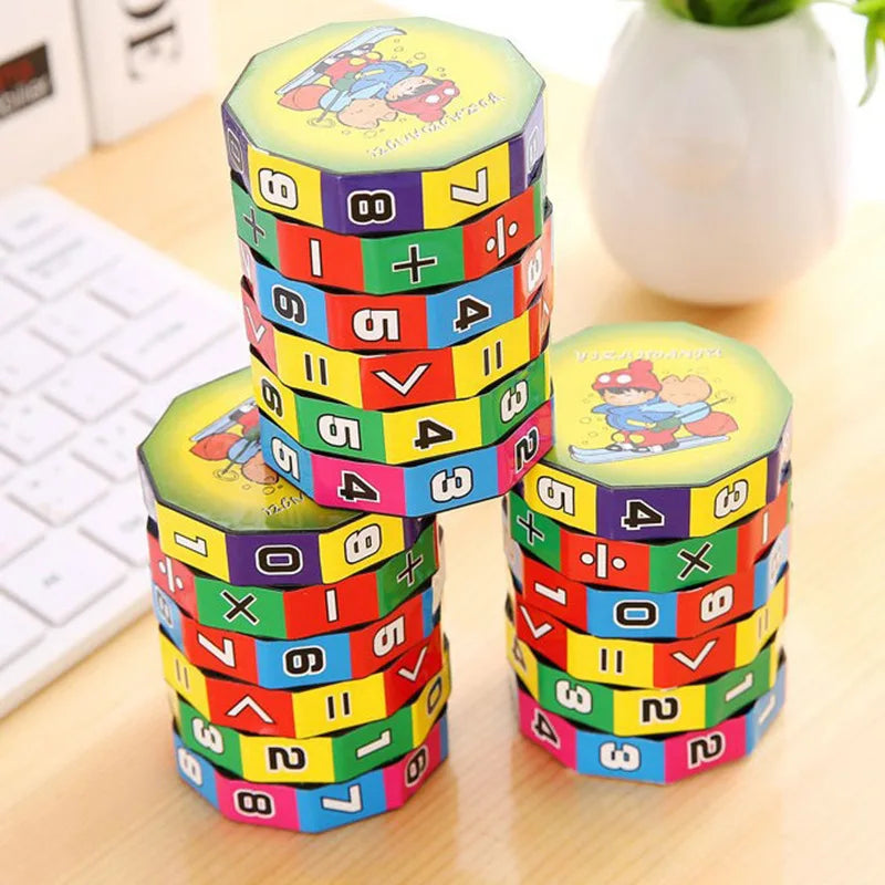 A stack of colorful Montessori math cubes showing numbers and arithmetic operations for children's learning.