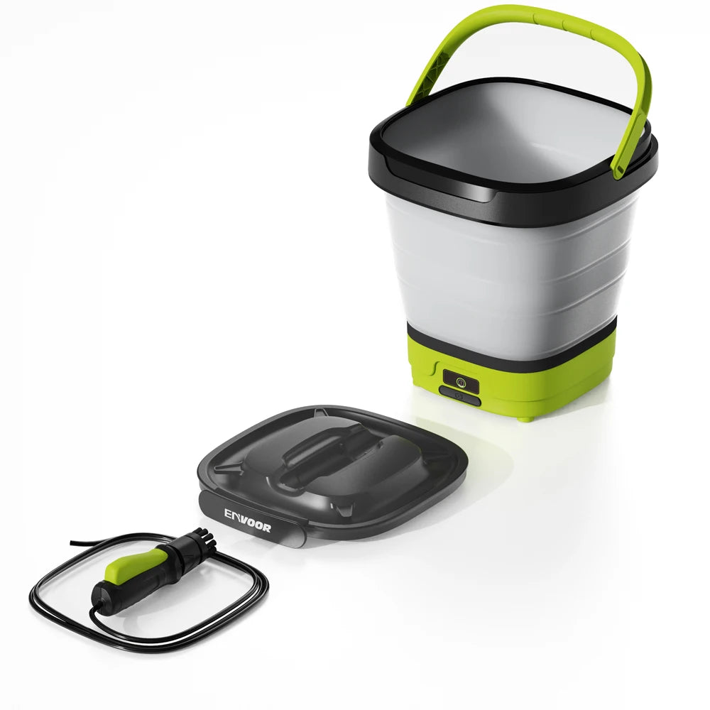 Mobiles batteriebetriebenes Hochdruckreiniger mit schwarzem und limettengrünem Gehäuse und separate Düse.