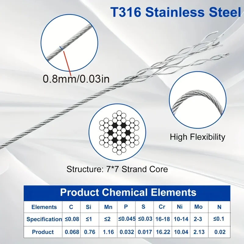 T316 Stainless Steel wire rope with a 7x7 strand core showing its diameter and flexibility.