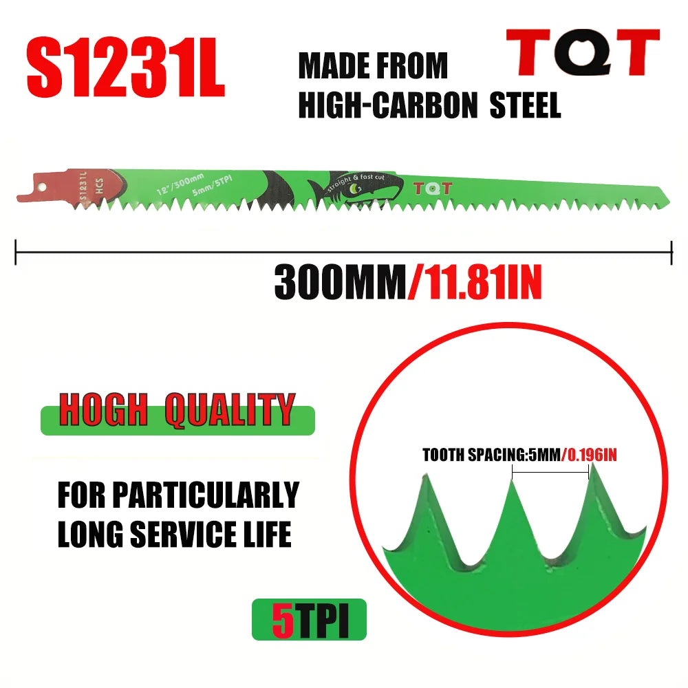 S1231L high-carbon steel reciprocating saw blade, 300mm long, with 5 TPI teeth.