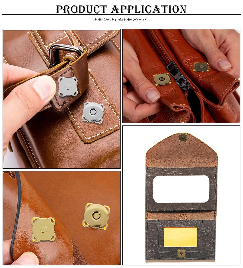 Primer plano de cierres magnéticos metálicos para sujetar bolsos y ropa de cuero.
