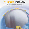 A curved stainless steel putty knife is shown fitting against a barrel wall.