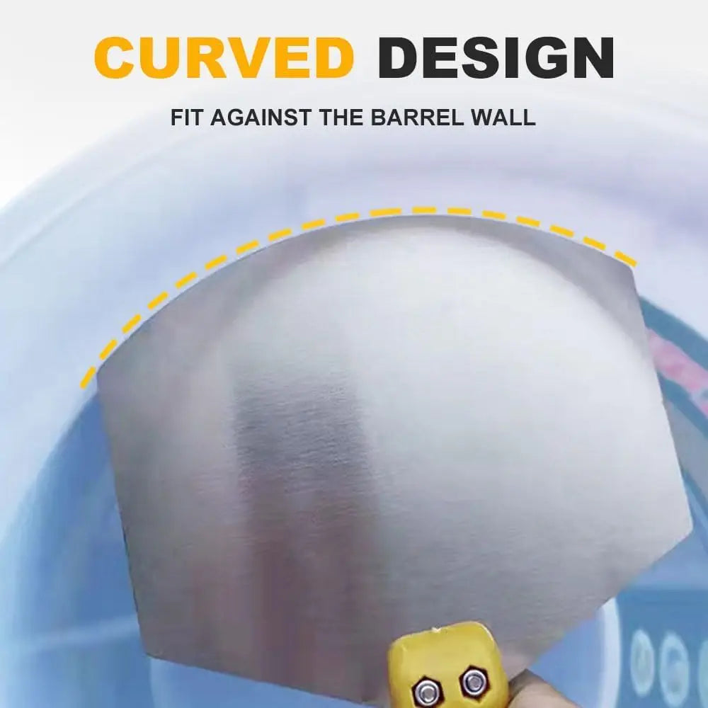 A curved stainless steel putty knife is shown fitting against a barrel wall.