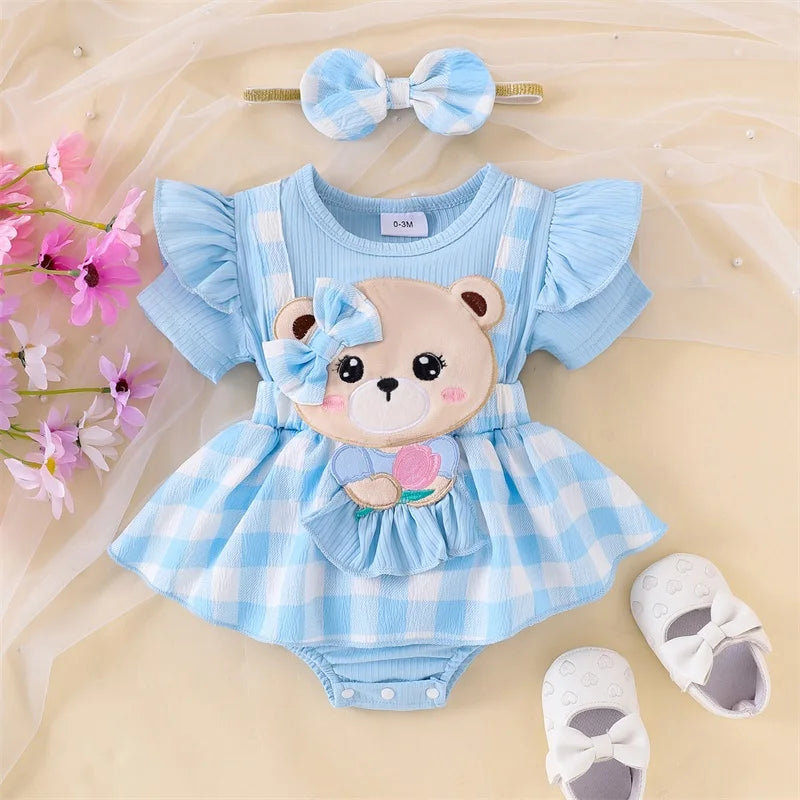 Baby Girl Plaid Romper Set with Bear Patch and Bow Headband