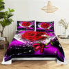 Purple and white bedding set featuring a large red rose digital print design.