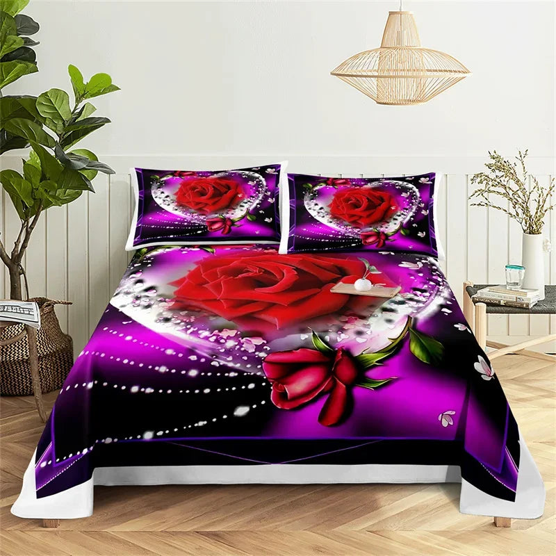 Purple and white bedding set featuring a large red rose digital print design.
