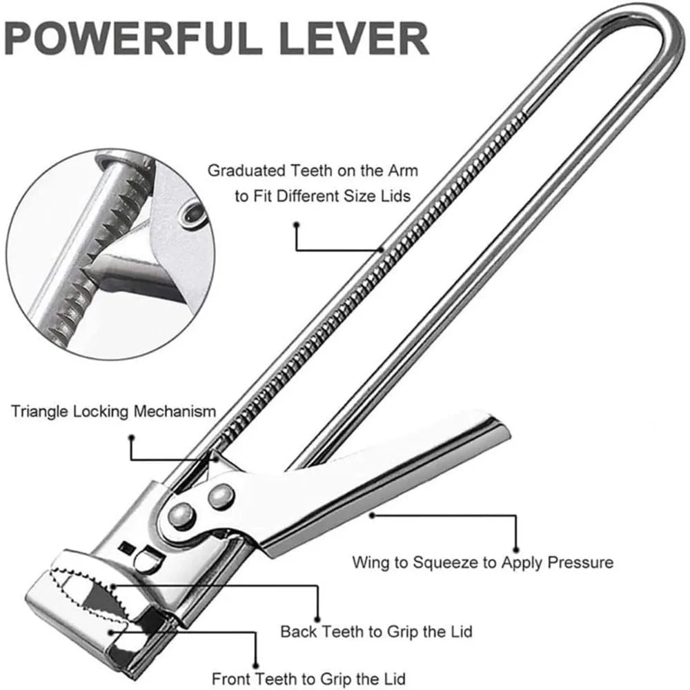 Close-up view of a powerful lever can opener showing the graduated teeth and triangle locking mechanism.