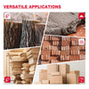 Versatile applications showing wood logs, lumber stacks, and cardboard boxes for a digital wood moisture meter.