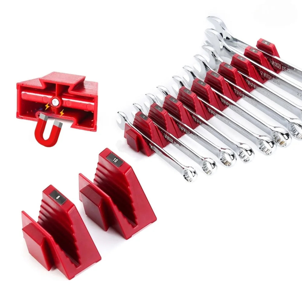 A set of red and silver modular magnetic wrenches and organizers for tool drawers.