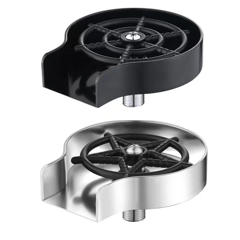 A black high pressure faucet glass rinser for bars and kitchens with a circular mesh filter.