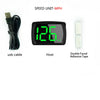 A smart GPS speedometer showing 126 mph on a black display, along with an USB cable and double-faced adhesive tape.