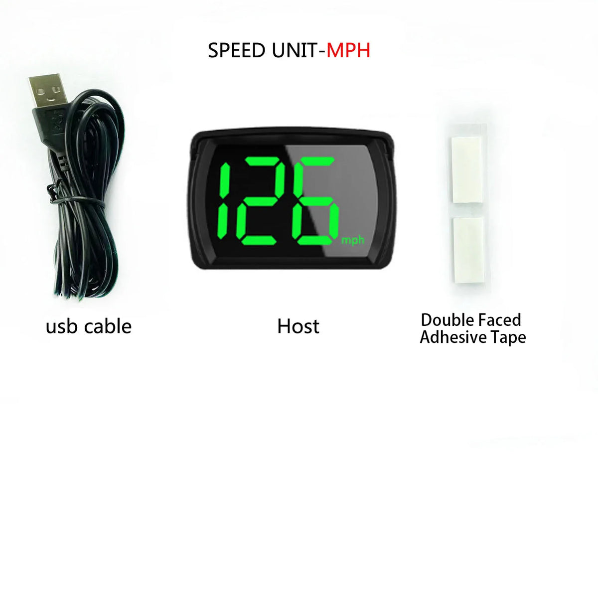 A smart GPS speedometer showing 126 mph on a black display, along with an USB cable and double-faced adhesive tape.
