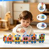 A child plays with a wooden train toy featuring various animals and objects for sensory learning.